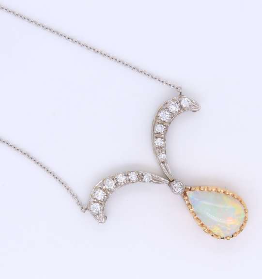 Gorgeous White Gold Pear Shaped Opal and Diamond Pendant on Chain