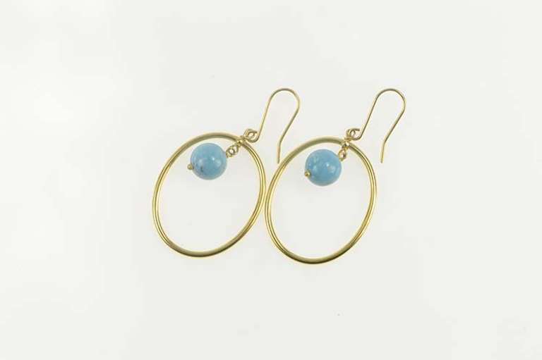 14K Yellow Gold Turquoise Dangle Oval Bead Statement Earrings