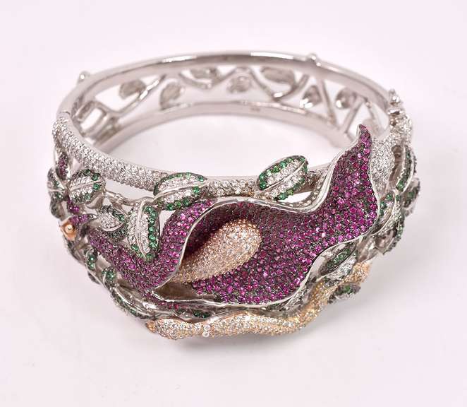 Mesmerizing 7.00CTW Diamond & 2.00CTW Tourmaline Hinged Bracelet in Sterling Silver