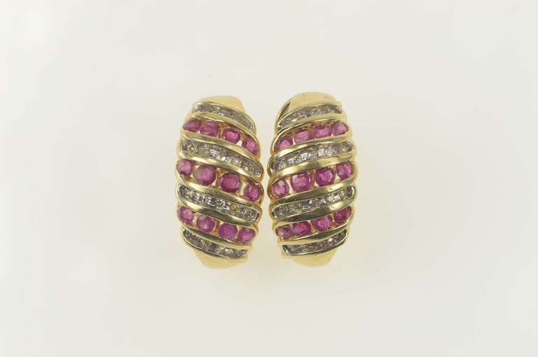 14K Yellow Gold 2.02 Ctw Ruby Diamond Domed French Clip Earrings