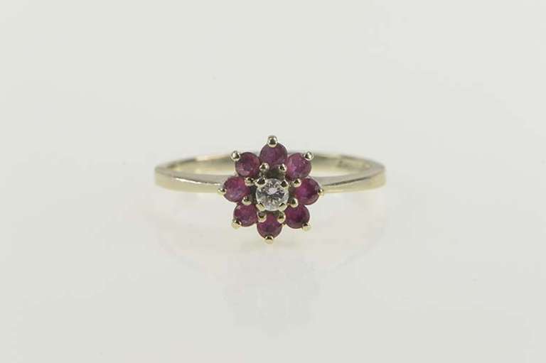 14K White Gold Diamond Ruby Flower Halo Engagement Ring