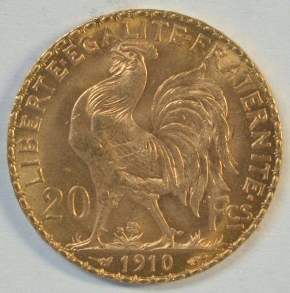 Superb Gem BU 1910 France 20 Francs Gold 'Rooster' coin