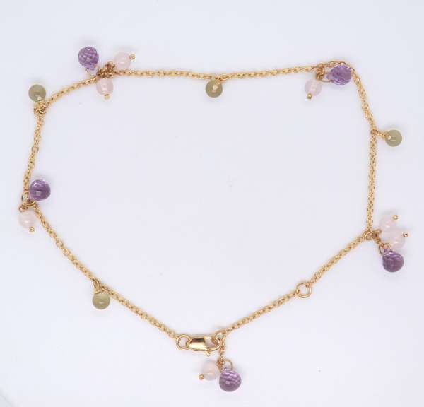 Nice 18kt Yellow Gold Amethyst and Quartz Anklet