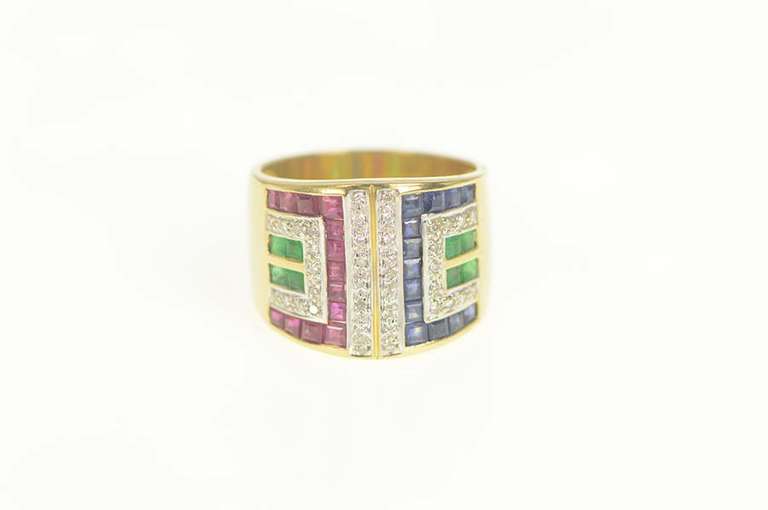 18K Yellow Gold 4.29 Ctw Diamond Ruby Sapphire Statement Ring