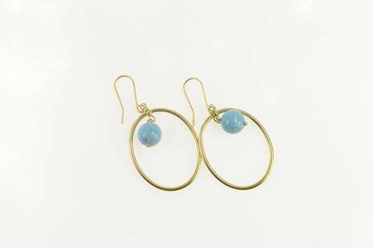 14K Yellow Gold Turquoise Dangle Oval Bead Statement Earrings