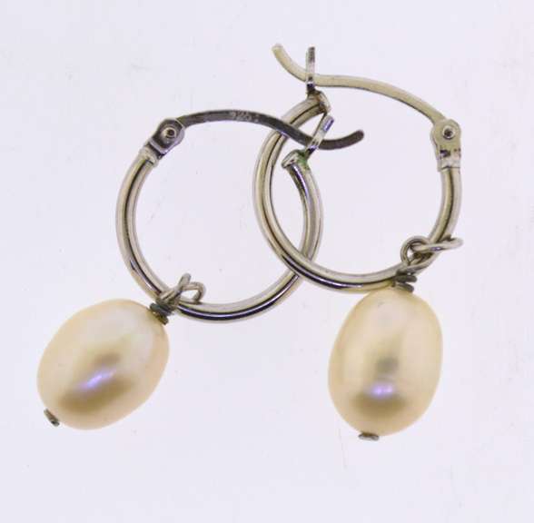 Sterling Silver Hoop Drop Pearl Earrings