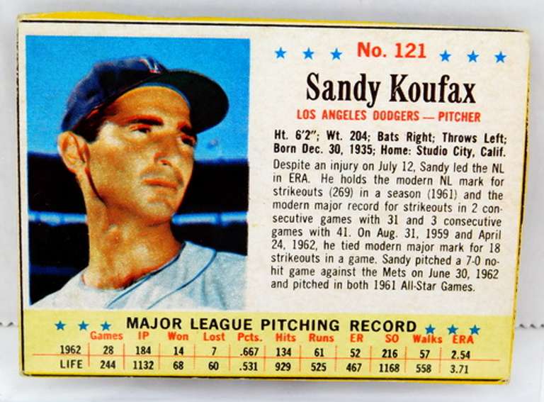 Sandy Koufax 1962 Cereal Baseball Card