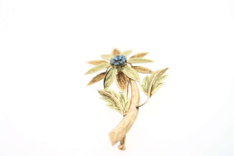 1940's Aquamarine Flower Brooch in 18KT Yellow and Rose Gold