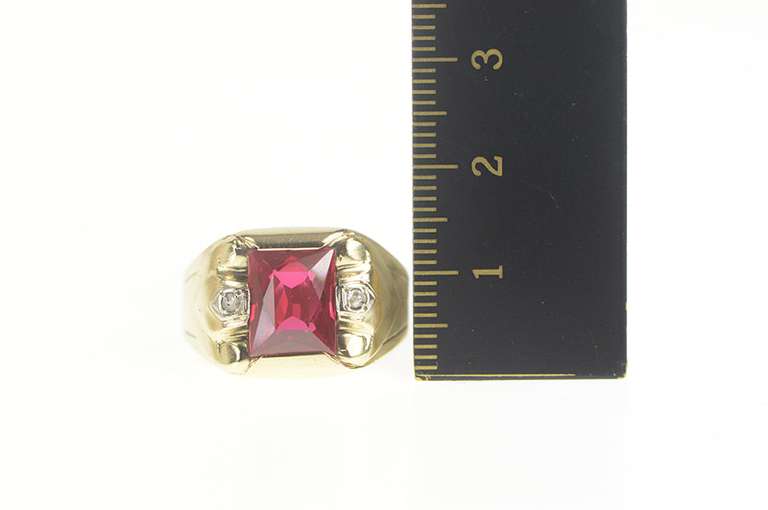 10K Yellow Gold Emerald Cut Syn. Ruby Diamond Squared Ring