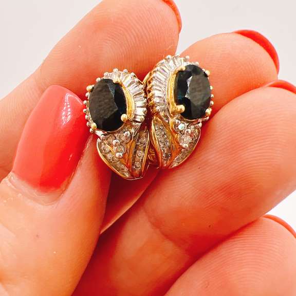 14kt Yellow Gold, Blue Sapphire, & Diamond Earrings