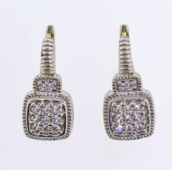 18KT White Gold And Sterling Silver White Topaz Pave Dangle Earrings