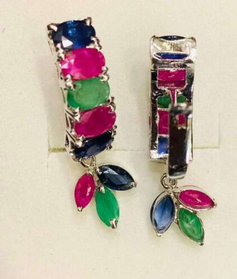 9.0 Carat Emerald, Ruby, & Blue Sapphire Earrings in 14kt Solid Yellow Gold