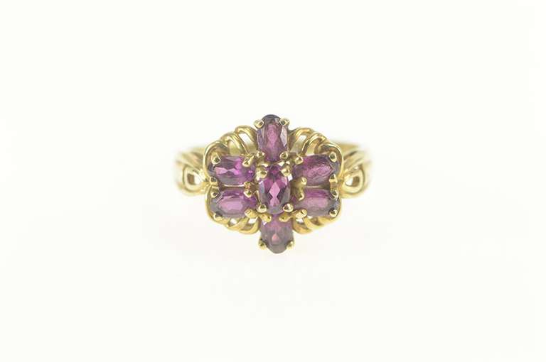 10K Yellow Gold Retro Purple Tourmaline Floral Cluster Cocktail Ring