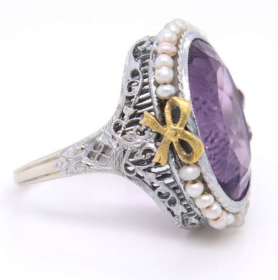 Antique White Gold Amethyst and Pearl Ring