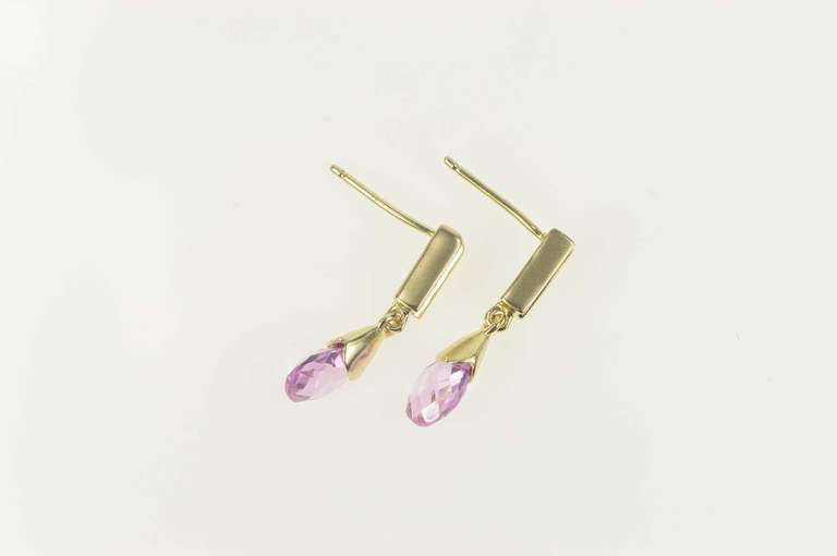 10K Yellow Gold Faceted Pink CZ Drop Diamond Accent Dangle Earrings