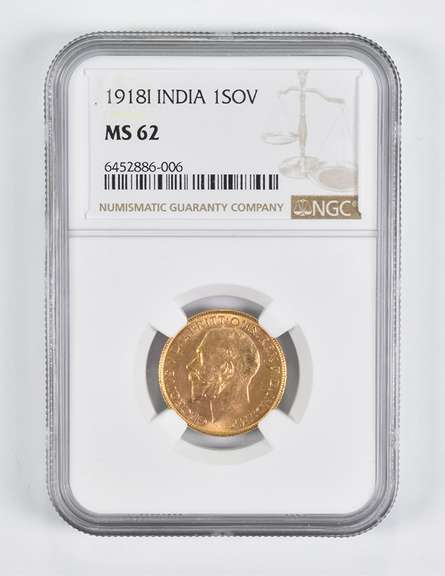 MS62 1918-I India 1 Sovereign Gold Coin NGC