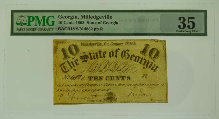 1863 State of Georgia Bank of Milledgeville Confederate 10 Cent Note