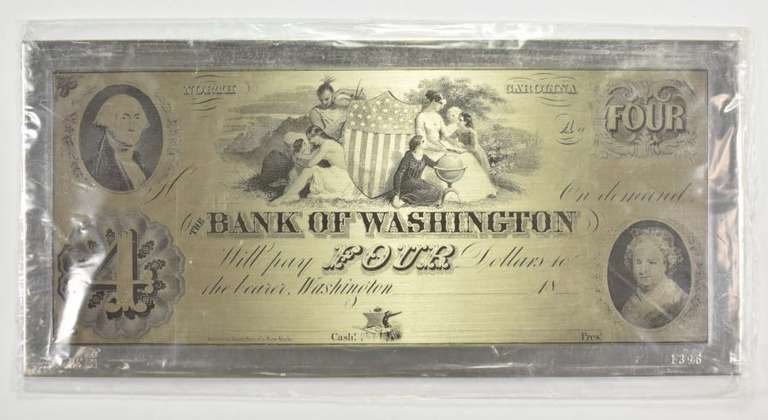 $4 Bank Of Washington - NC - 154.3 G .925 Sterling Silver Art Bar