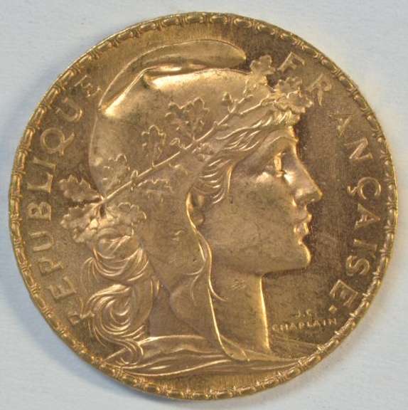 Superb Gem BU 1908 France 20 Francs Gold 'Rooster' coin