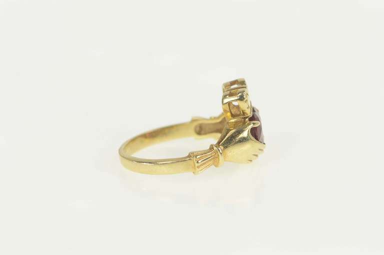 14K Yellow Gold Heart Garnet Claddagh Traditional Irish Loyalty Ring