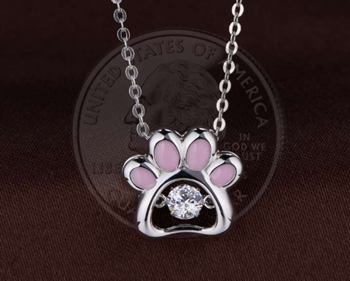Pink Dog paw Silver Dancing Stone Pendant