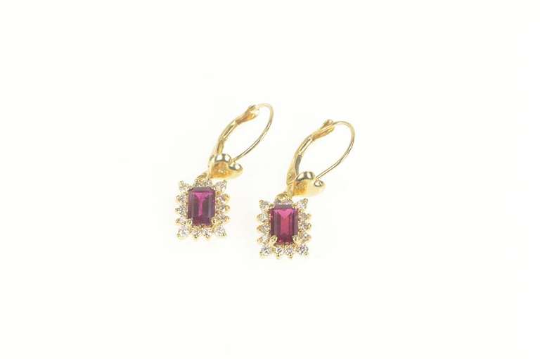 14K Yellow Gold Emerald Syn. Ruby CZ Halo Dangle Earrings