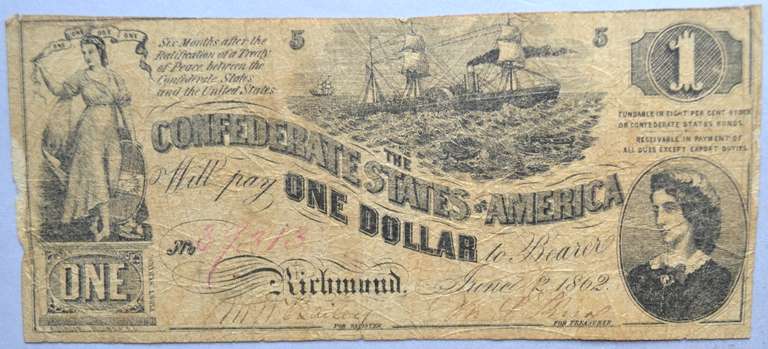 June 2 1862 $1 CSA Note With Union Officer Name on the Reverse