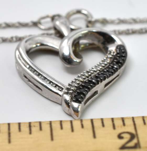 Sterling Silver Heart Necklace With Black Diamond Accents