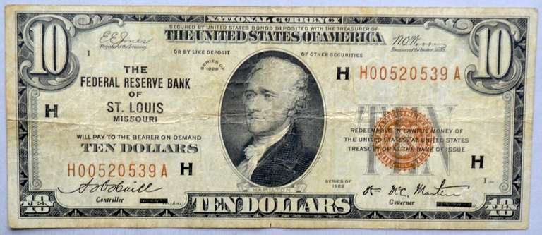 $10 St Louis 1929 Series National Currency Note