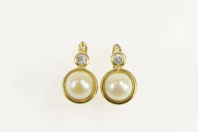 18K Yellow Gold Pearl CZ Accent Classic Statement Dangle Earrings