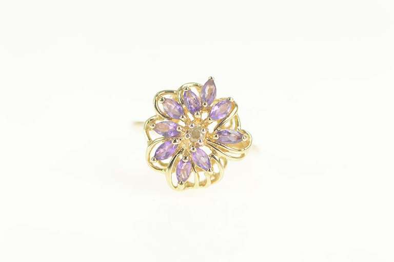 10K Yellow Gold Marquise Amethyst Diamond Freeform Cluster Ring