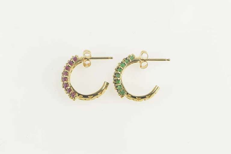 14K Yellow Gold Emerald Ruby Sapphire Encrusted Semi Hoop Earrings