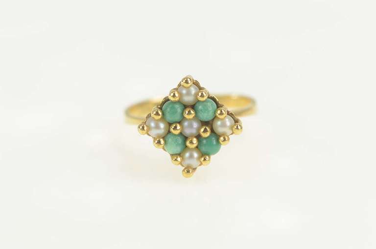 14K Yellow Gold 1960's Retro Pearl Turquoise Square Cluster Ring