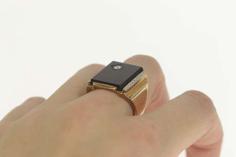10K Yellow Gold Art Deco Ornate Black Onyx Diamond Accent Ring