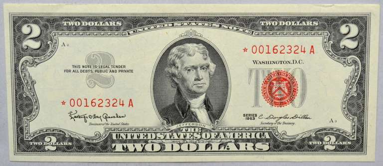 Choice CU 1963  Star $2 Red Seal US Note.