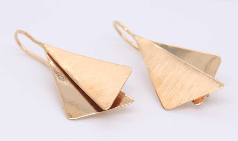 Cute Yellow Gold Double Triangle Dangle Earrings