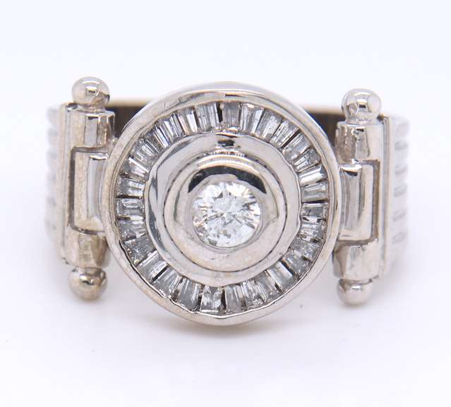 Brilliant White Gold Bezel Set RBC with Baguette around Diamond Ring