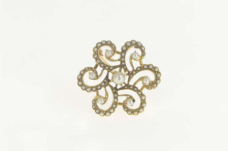 18K Yellow Gold Victorian Seed Pearl Flower Snowflake Pendant/Pin