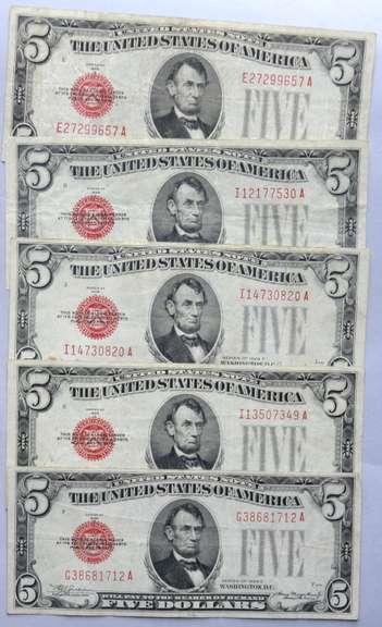 1928 B C & F $5 Red Seal US Notes