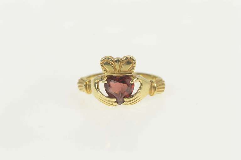 14K Yellow Gold Heart Garnet Claddagh Traditional Irish Loyalty Ring