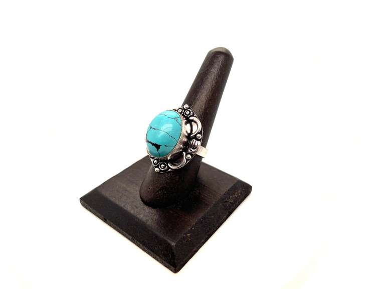Oval Tibetan Turquoise in Ornate Silver Energy Ring