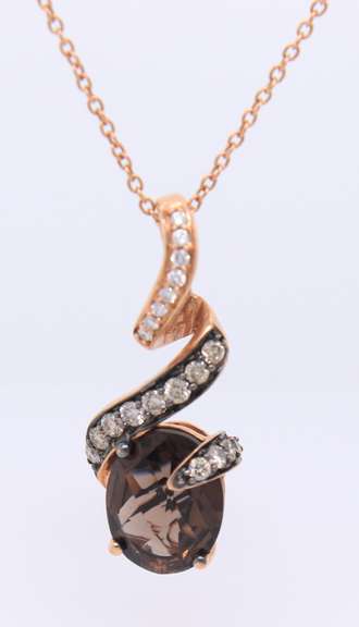Optimal LeVian Yellow Gold Smokey Quartz adn Diamond Pendant on Chain