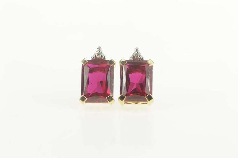 10K Yellow Gold Emerald Cut Syn. Ruby Diamond Accent Stud Earrings