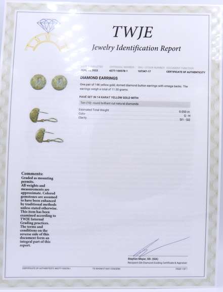 Fantastic Yellow Gold Diamond Dome Earrings with Cert