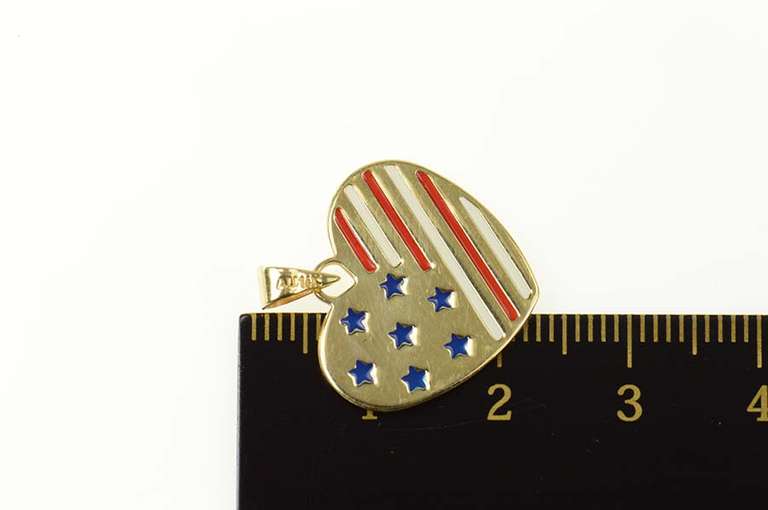 14K Yellow Gold Enamel Stars & Stripes American Flag Heart Pendant