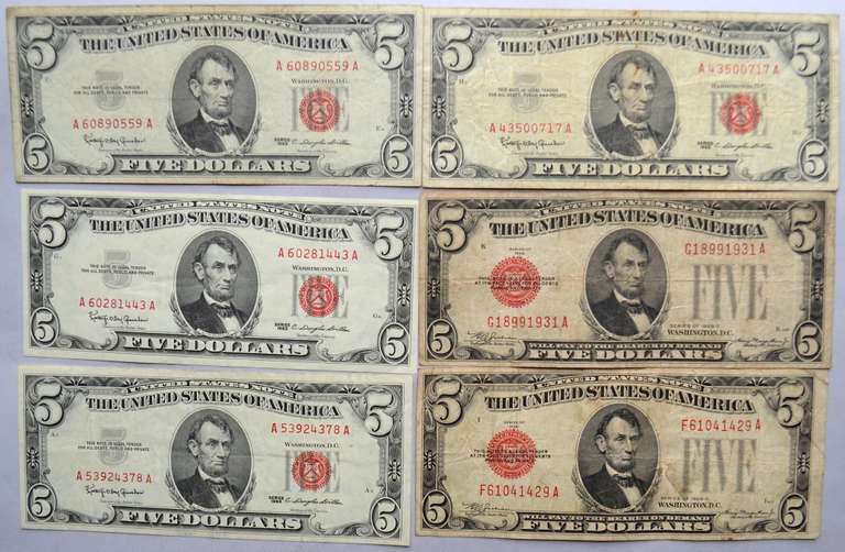 6 Circ Red Seal $5 US Notes