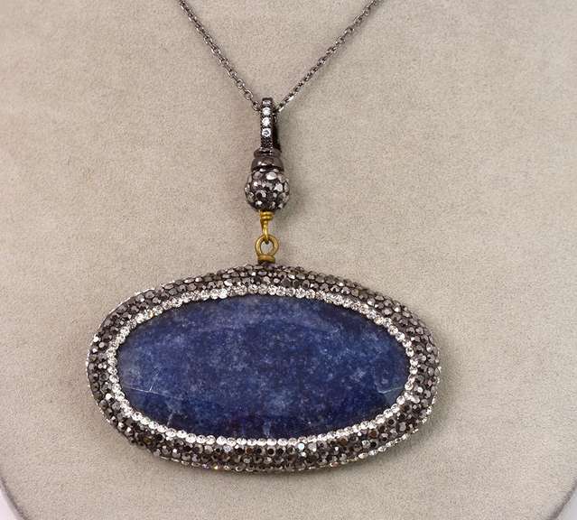 Excellent 78.91CTS Sapphire Pendant With Swarovski Crystal Halo Necklace in Sterling Silver