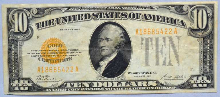 Sharp $10 1928 Series Gold Certificate