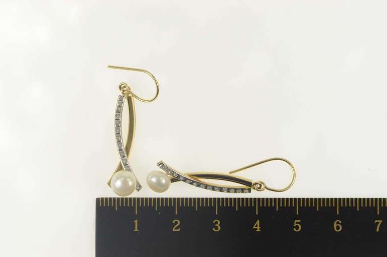 14K Yellow Gold Pearl Two Tone Curvy Criss Cross Dangle Earrings