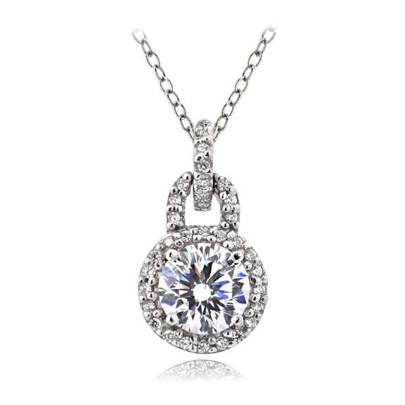 Platinum Plated Sterling Silver 100 Facets Cubic Zirconia Round Dangle Necklace(2cttw)